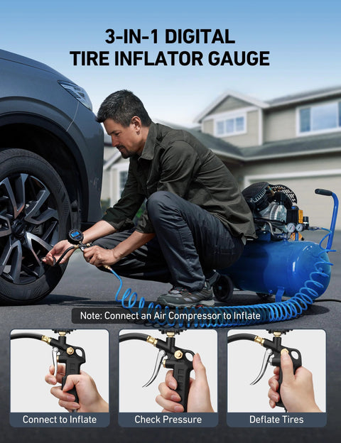 Man using Digital Tire Pressure Gauge With Inflator 3 to 250 PSI Air Chuck And Quick Connect Coupler on car tire