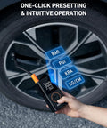 L7 Portable Tire Inflator And Cordless Mini Air Compressor with digital display showing PSI, near car tire