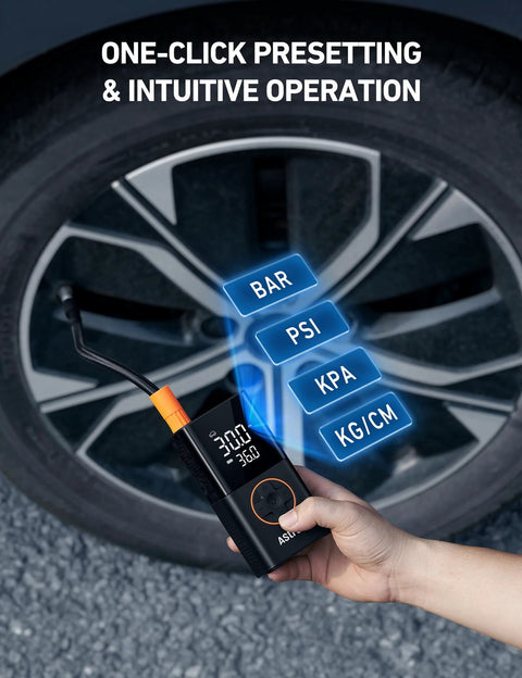 L7 Portable Tire Inflator And Cordless Mini Air Compressor with digital display showing PSI, near car tire