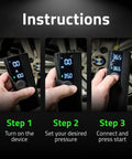 Portable Tire Inflator Air Compressor With Digital Pressure Gauge LED Light And Auto Shut Off For Cars Trucks SUVs Motorcycles Bicycles And Balls Cordless Pump Quickly Inflates Up To 120 PSI With Precise Readings In A Compact Easy To Store Design, showing digital display and steps for use.