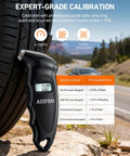 Digital Tire Pressure Gauge 0-150 PSI with 0.1 PSI accuracy shown against car tire, includes backlit LCD and Presta valve adapter