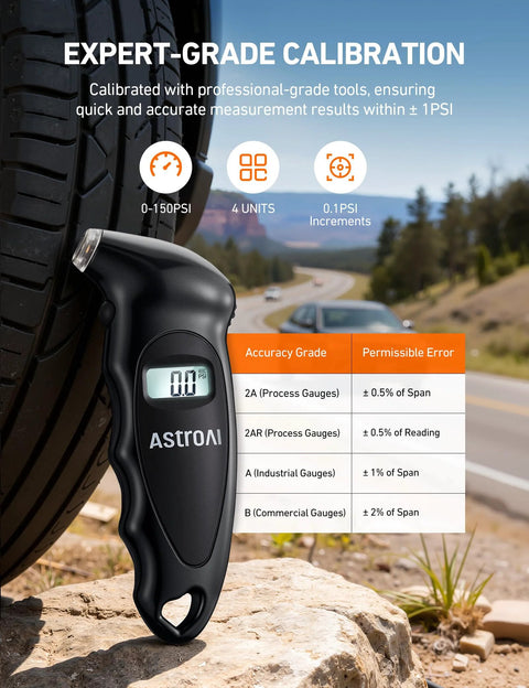 Digital Tire Pressure Gauge 0-150 PSI with 0.1 PSI accuracy shown against car tire, includes backlit LCD and Presta valve adapter