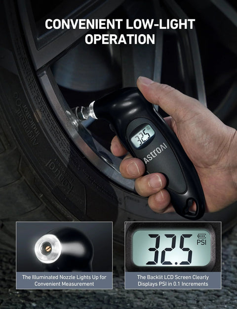 Digital Tire Pressure Gauge 0-150 PSI with 0.1 PSI Accuracy, backlit LCD, compact black, measures car tire pressure, handheld use