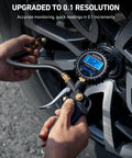 Person using Digital Tire Pressure Gauge With Inflator 3 to 250 PSI Air Chuck And Quick Connect Coupler on car tire