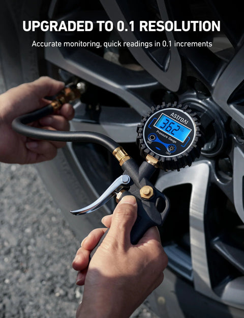 Person using Digital Tire Pressure Gauge With Inflator 3 to 250 PSI Air Chuck And Quick Connect Coupler on car tire