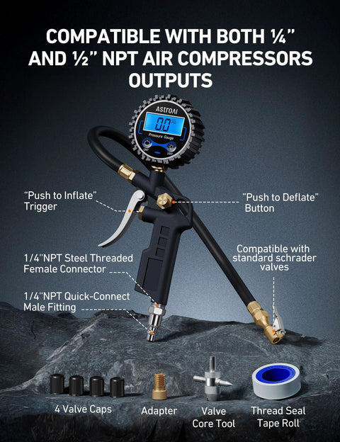 Digital Tire Pressure Gauge With Inflator 3 to 250 PSI Air Chuck And Quick Connect Coupler, display, and accessories kit