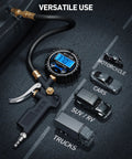 Digital Tire Pressure Gauge With Inflator 3 to 250 PSI Air Chuck And Quick Connect Coupler used on various vehicles