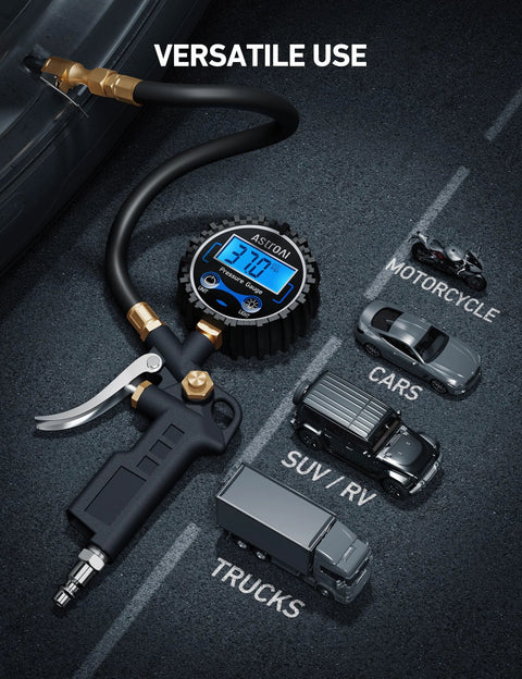 Digital Tire Pressure Gauge With Inflator 3 to 250 PSI Air Chuck And Quick Connect Coupler used on various vehicles