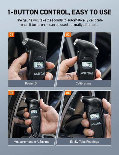 Steps to use Digital Tire Pressure Gauge 0-150 PSI With 0.1 PSI Accuracy Backlit LCD shown in four images highlighting calibration and readings