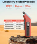 Digital Tire Pressure Gauge 3 To 200 PSI ANSI B40.7 Grade 2A Plus Minus 0.5 Percent Accuracy Industrial Calibrated Replaceable AAA Batteries Quick Readouts Durable Vivid Orange Gauge For Cars Trucks SUVs on a rock in desert.
