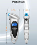 Digital Tire Pressure Gauge 0 To 150 PSI With Backlit LCD And Presta Valve Adaptor Included, side view, pocket size dimensions.
