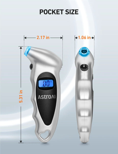 Digital Tire Pressure Gauge 0 To 150 PSI With Backlit LCD And Presta Valve Adaptor Included, side view, pocket size dimensions.