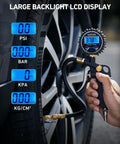 Close-up of Digital Tire Pressure Gauge With Inflator 3 to 250 PSI Air Chuck And Quick Connect Coupler, showing backlit LCD display.