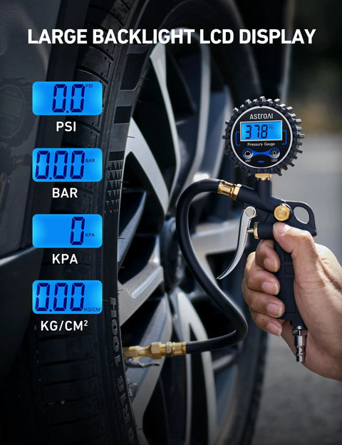 Close-up of Digital Tire Pressure Gauge With Inflator 3 to 250 PSI Air Chuck And Quick Connect Coupler, showing backlit LCD display.