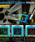 Heavy-duty Digital Torque Adapter, ±1% Accuracy, 40-300Ft-lb, 1/2" adapter for auto, showing LCD alarm and torque levels on tire.