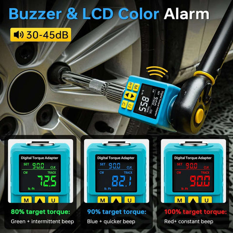 Heavy-duty Digital Torque Adapter, ±1% Accuracy, 40-300Ft-lb, 1/2" adapter for auto, showing LCD alarm and torque levels on tire.