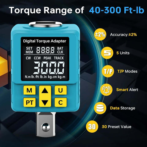 Heavy-duty Digital Torque Adapter, (±1% Accuracy, 40-300Ft-lb), 1/2" Digital Torque Wrench Adapter for Auto with display showing settings