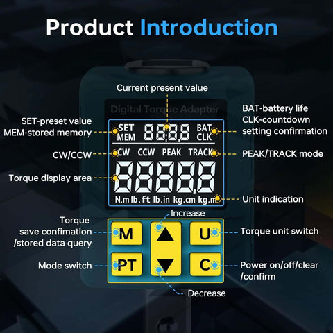 Digital display of Heavy-duty Digital Torque Adapter, showing settings and modes for auto machinery repairs