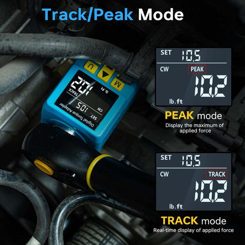 Heavy-duty Digital Torque Adapter in track/peak mode showing real-time force, 1/2" adapter for machinery repairs, digital screen displaying 105 lb.ft