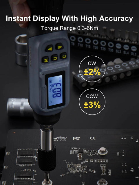 Digital Torque Screwdriver, 2.66-53.1 In-lbs/0.3-6 Nm, 1/4'' Drive Inch Pound Torque Screwdriver with LED display on circuit board