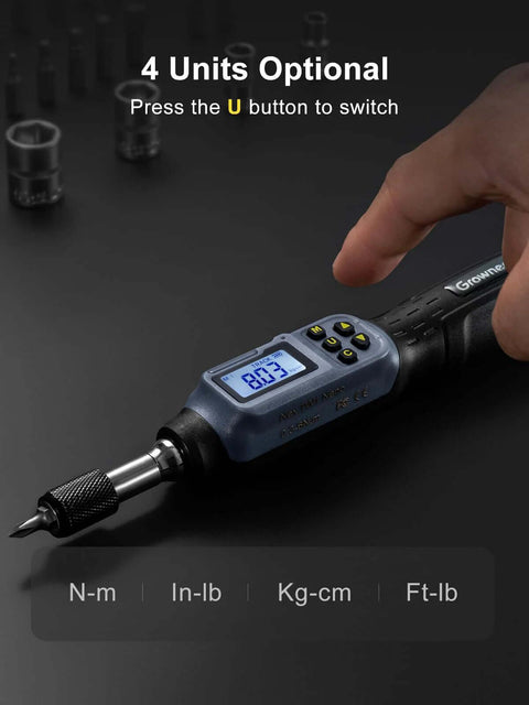 Hand holding Digital Torque Screwdriver, 2.66-53.1 In-lbs/0.3-6 Nm, 1/4'' Drive Inch Pound Torque Screwdriver with LED indicator