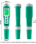 Hydrogen Water Tester 10 In 1 Digital Water Meter showing front and side view with dimensions, green body, LCD screen