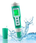 Hydrogen Water Tester 10 In 1 Digital Water Meter for drinking, hydroponics, and pool use displayed with water splash effect.