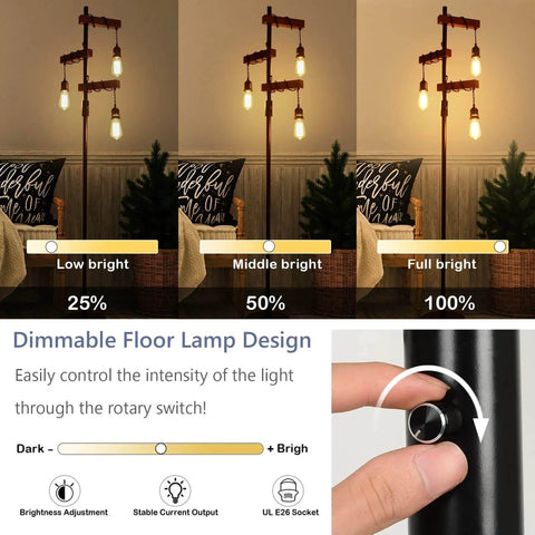 Industrial Dimmable Floor Lamp with 3 Heads 68 Inch Tall Tree Floor Lamp in Black Metal and Wood with dimmable switch