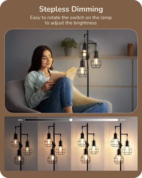 Woman reading beside dimmable farmhouse floor lamp with industrial style standing light for living room and bedroom by EDISHINE