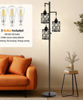 Three 6W LED Bulbs Dimmable Farmhouse Floor Lamp With Industrial Rustic Style Standing Light For Living Room Bedroom Or Office 68 Inches Tall Stepless Dimming Rotary Switch displayed in a living room with orange sofa and side table.