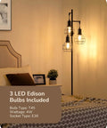 Bedroom scene featuring the Dimmable Farmhouse Floor Lamp with Industrial Style Standing Light, three LED Edison bulbs glowing softly.