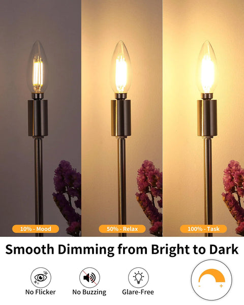 Dimmable LED E12 Candelabra Bulbs For Chandeliers That Replaces 60W Incandescent, showing dimming effect from 10% to 100%, 2700K soft white