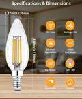 Dimmable LED E12 Candelabra Bulbs For Chandeliers That Replaces 60W Incandescent, 2700K Soft White, 90 Plus CRI, specifications image