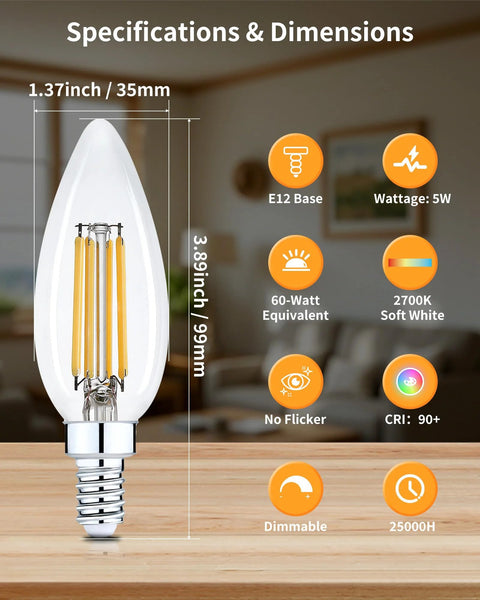 Dimmable LED E12 Candelabra Bulbs For Chandeliers That Replaces 60W Incandescent, 2700K Soft White, 90 Plus CRI, specifications image