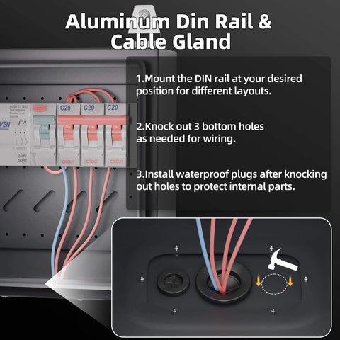 Weatherproof Outdoor Electrical Box 9.8 By 9.8 By 5.9 Inches Lockable Junction Enclosure With Din Rail Mount And Cable Gland setup