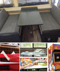 Collage showing uses of 25 Ft White 3/4 Inch Plastic Center Barb T Molding Edge Banding in cabinets, tables, and an arcade machine