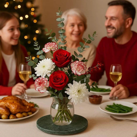 12 inch green natural marble lazy susan turntable with flowers and a feast on a dining table, enhancing the setup.