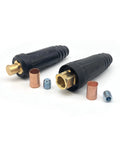 DINSE Style Welding Cable Quick Connector Pair For 200 to 300 Amp For Number 4 To Number 1 AWG 35 To 50 Square Millimeter Wires Two Piece Set With Accessories Heavy Duty Welding Cable Connectors shown with brass and copper fittings.