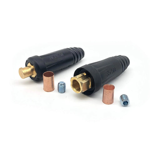 DINSE Style Welding Cable Quick Connector Pair For 200 to 300 Amp For Number 4 To Number 1 AWG 35 To 50 Square Millimeter Wires Two Piece Set With Accessories Heavy Duty Welding Cable Connectors shown with brass and copper fittings.