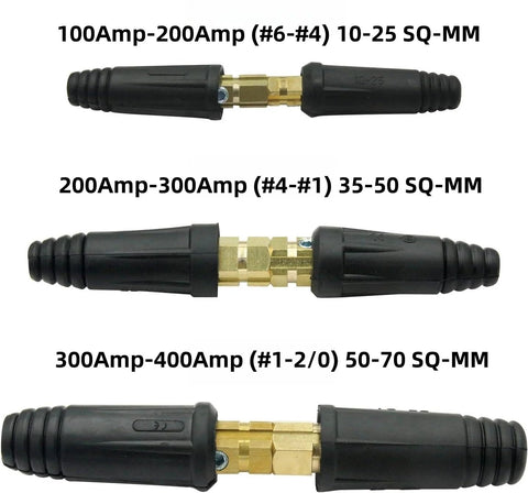 Heavy Duty DINSE Style Welding Cable Quick Connectors for 200-300A, AWG 4-1, 35-50 sq mm, showing three connector variations.