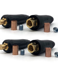 DINSE Style Welding Cable Quick Connector Pair For 200 to 300 Amp With accessories shown in black and copper for Number 4 to 1 AWG wires.