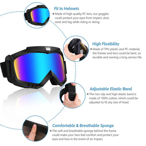 2 Pack Dirt Bike Goggles For Motorcycle ATV Riding Ski Racing Windproof Glasses with blue PC lenses and adjustable strap