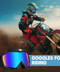 Motorcyclist wearing 2 Pack Dirt Bike Goggles for Motorcycle ATV Riding Ski Racing Windproof Glasses, black frame, blue lens visible.