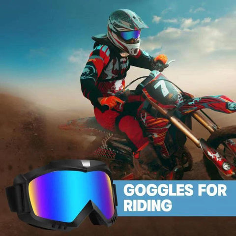 Motorcyclist wearing 2 Pack Dirt Bike Goggles for Motorcycle ATV Riding Ski Racing Windproof Glasses, black frame, blue lens visible.