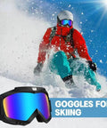 Skier in red jacket wearing goggles with black frame, showcasing 2 Pack Dirt Bike Goggles For Motorcycle ATV Riding Ski Racing Windproof Glasses.