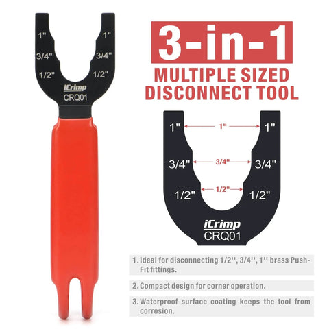 Disconnect Tong For Brass Push To Connect Fittings One Half Inch Three Quarter Inch And One Inch Removal Tool shown with measurements
