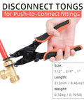 Push to Connect Removal Tool for 1/2, 3/4, and 1 Inch Fittings Quick Disconnect Tongs for PEX, PVC, and Copper Pipe in use