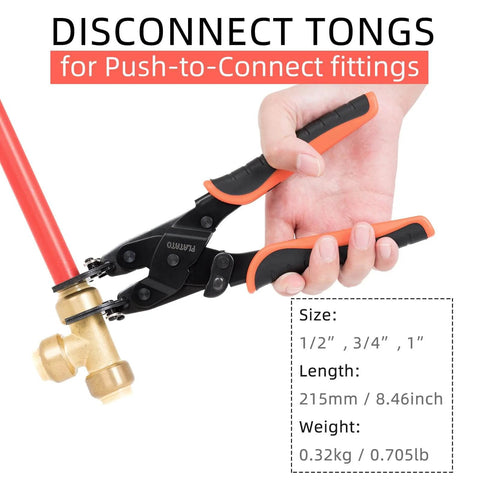 Push to Connect Removal Tool for 1/2, 3/4, and 1 Inch Fittings Quick Disconnect Tongs for PEX, PVC, and Copper Pipe in use