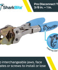Pro Push To Connect Disconnect Tool For 3/8 Inch To 1 Inch Fittings On PEX Copper CPVC PE-RT HDPE Pipes shown with blue handles.