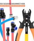 Push To Connect Fittings Disconnect Tool For 3/8 And 1/2 Inch Pneumatic Air Hose Quick Connects shown with hoses and quick release pliers